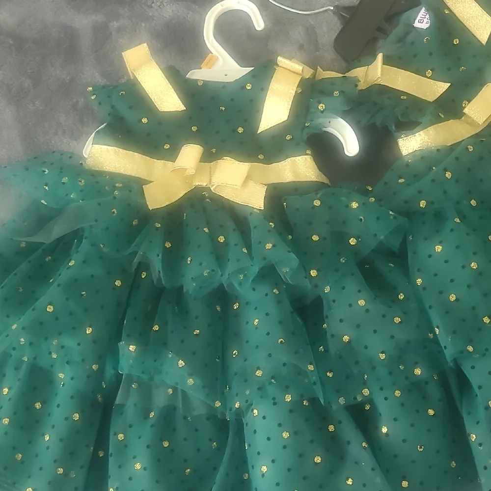 Blueberi Boulevard Green and Gold Formal Dresses (2) For Twin Girls
